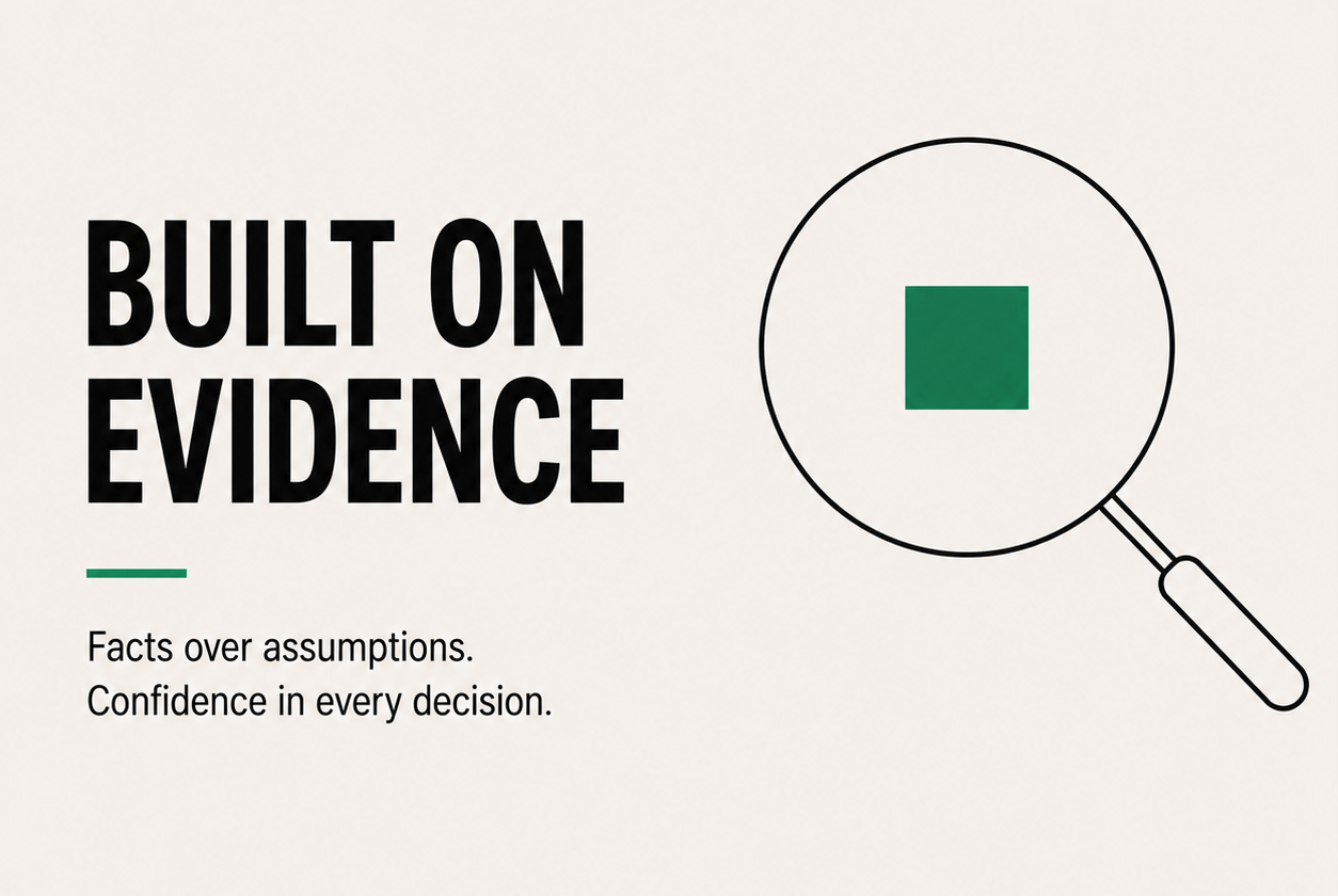 Built On Evidence Framework Card with a magnifying glass illustration and green square